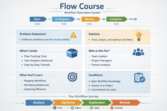 An infographic titled 'Flow Course' outlining a workflow observation system with a timeline from Start to Complete, sections for Problem Statement, Solution, What's Inside, Who is this for, What You'll Learn, and Conditions, presented on a light blue grid background.