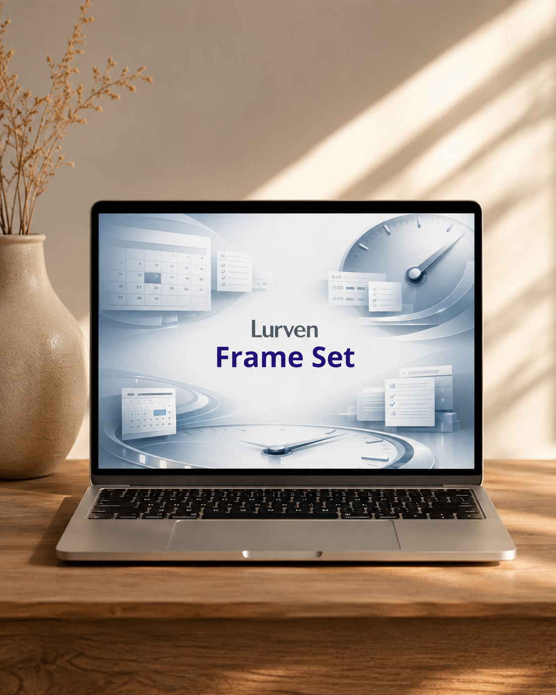 A silver laptop sits on a wooden table in a warm, sunlit room, displaying a screen graphic that reads 'Lurven Frame Set.' A beige ceramic vase with dried stems is on the left, and soft window shadows fall across the wall and tabletop.