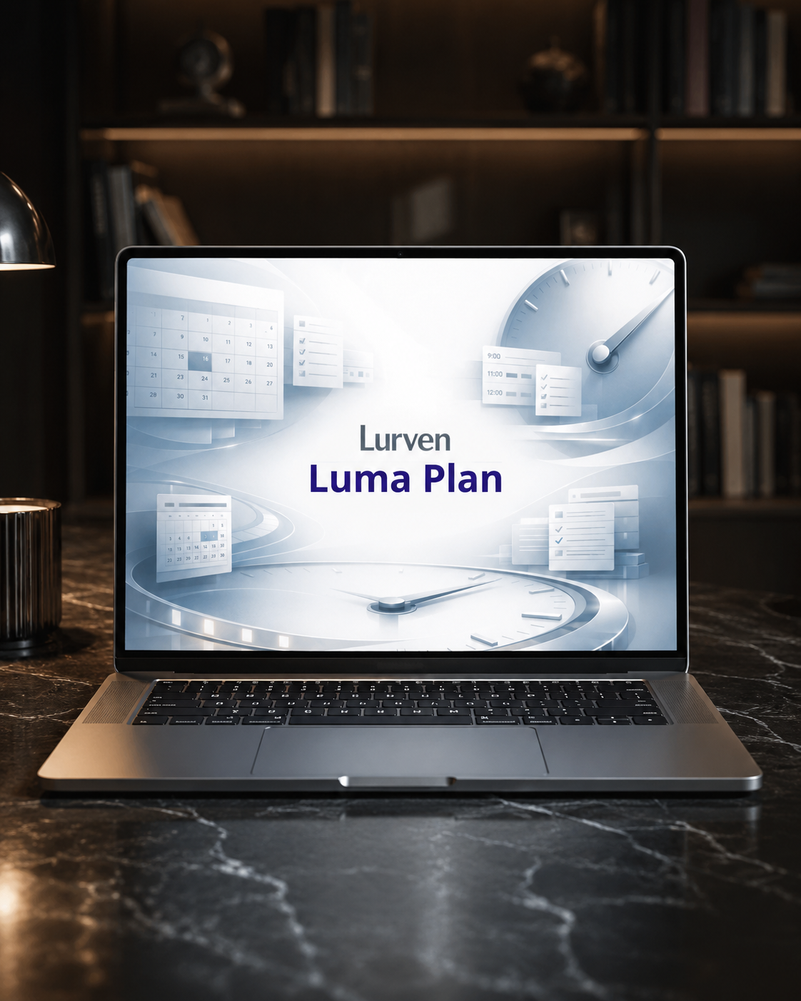 An open silver laptop sits on a dark marble desk in a dimly lit room, displaying a presentation slide titled 'Lurven Luma Plan' with abstract digital interface graphics on the screen.