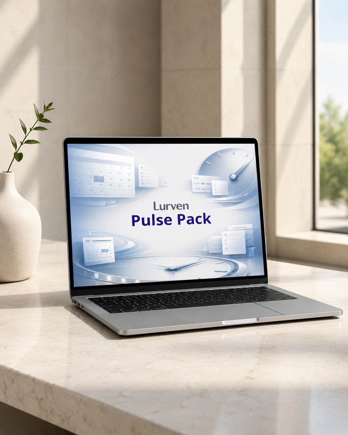 An open silver laptop sits on a light stone countertop in a bright indoor setting, displaying a blue screen with the text 'Lurven Pulse Pack.' A white vase with a small green stem is to the left, and a window with soft sunlight is in the background.