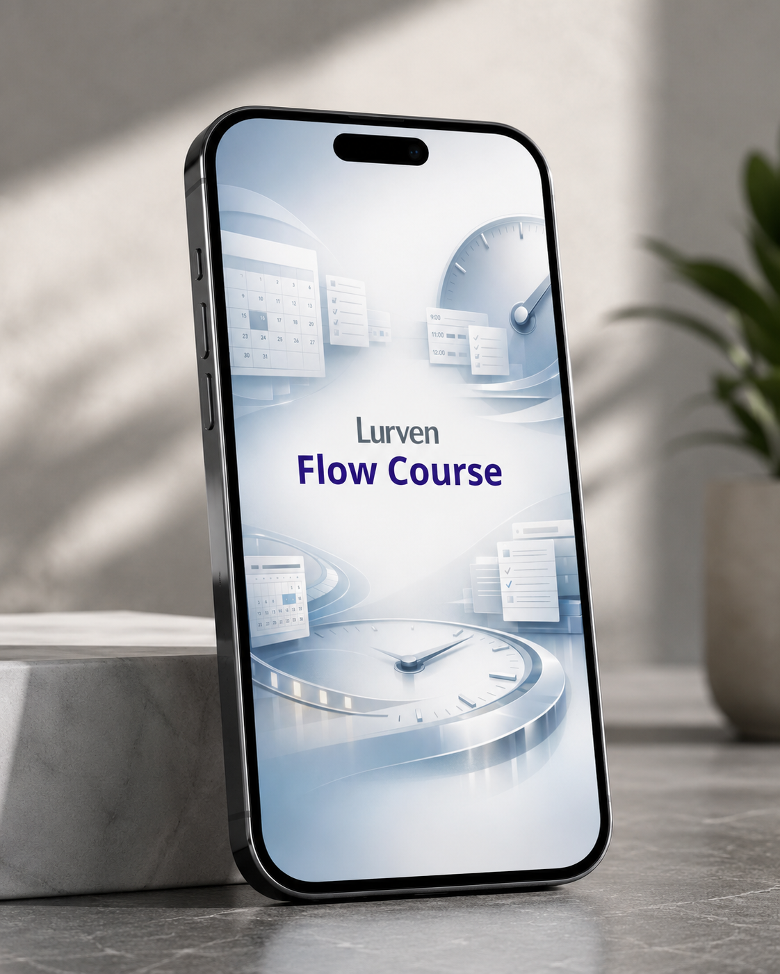 A black smartphone shown standing upright on a tabletop, displaying a course screen that reads 'Lurven Flow Course.' The phone is photographed in a styled indoor setting with soft shadows, a marble block, and a potted plant in the background.