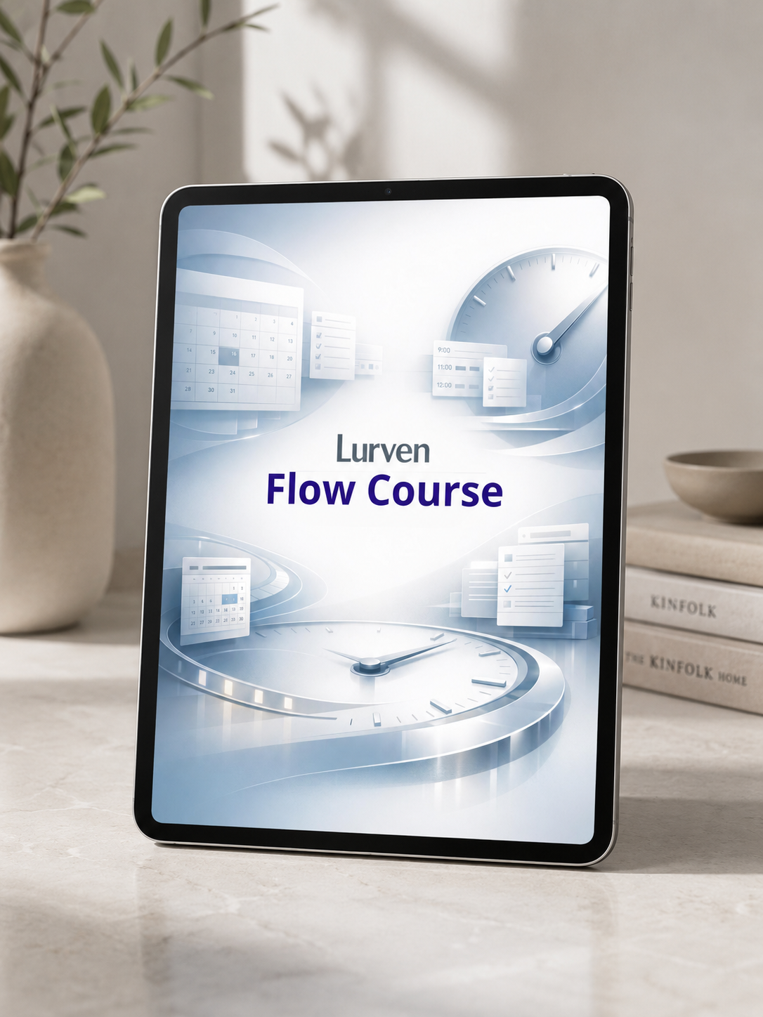 A tablet device standing upright on a light stone surface, displaying a course cover titled "Lurven Flow Course" in blue and white graphics. The scene is styled with a vase and books in the background.