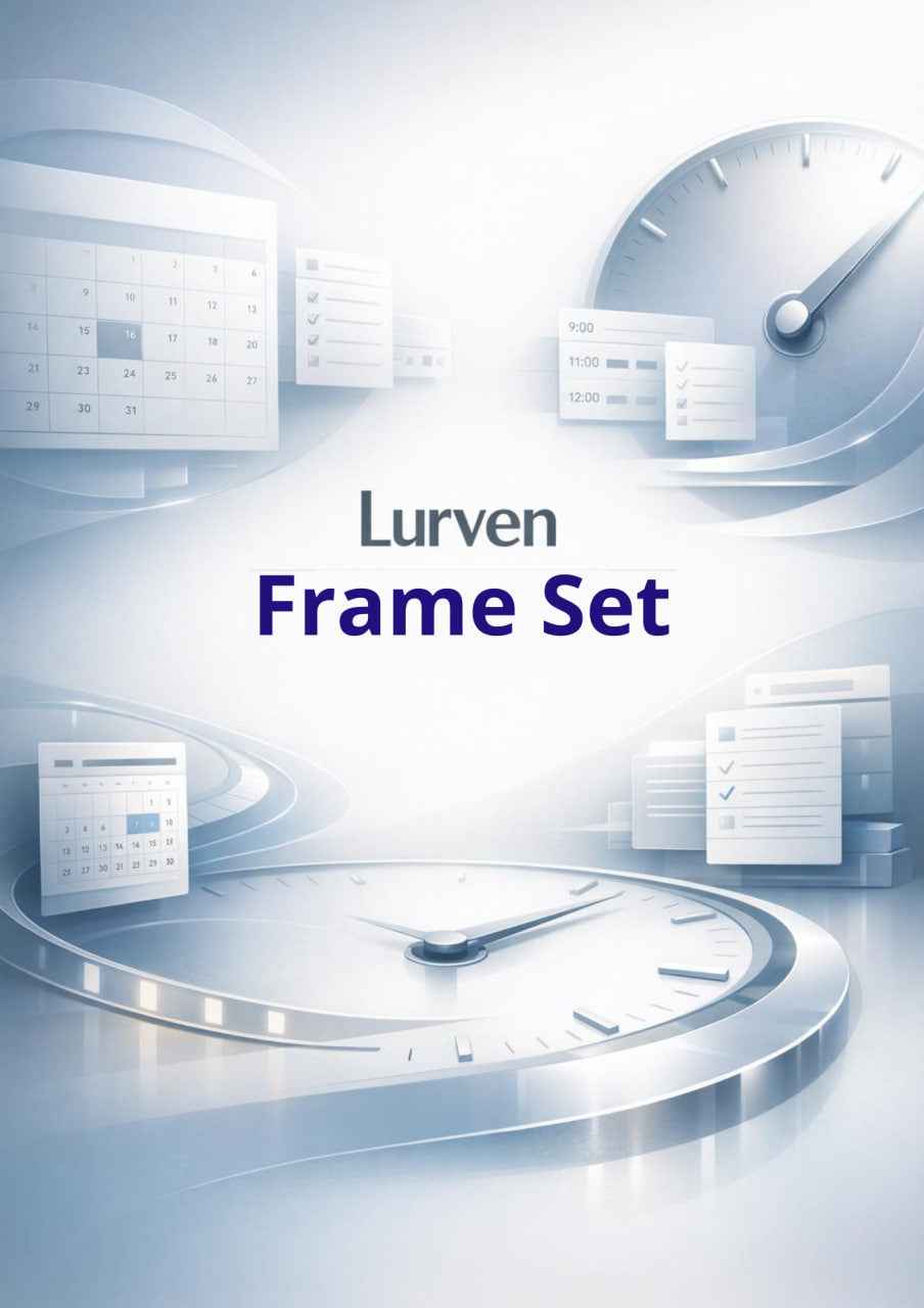 A digital graphic for 'Lurven Frame Set' featuring a clean, futuristic blue and white design with abstract clock and document illustrations.