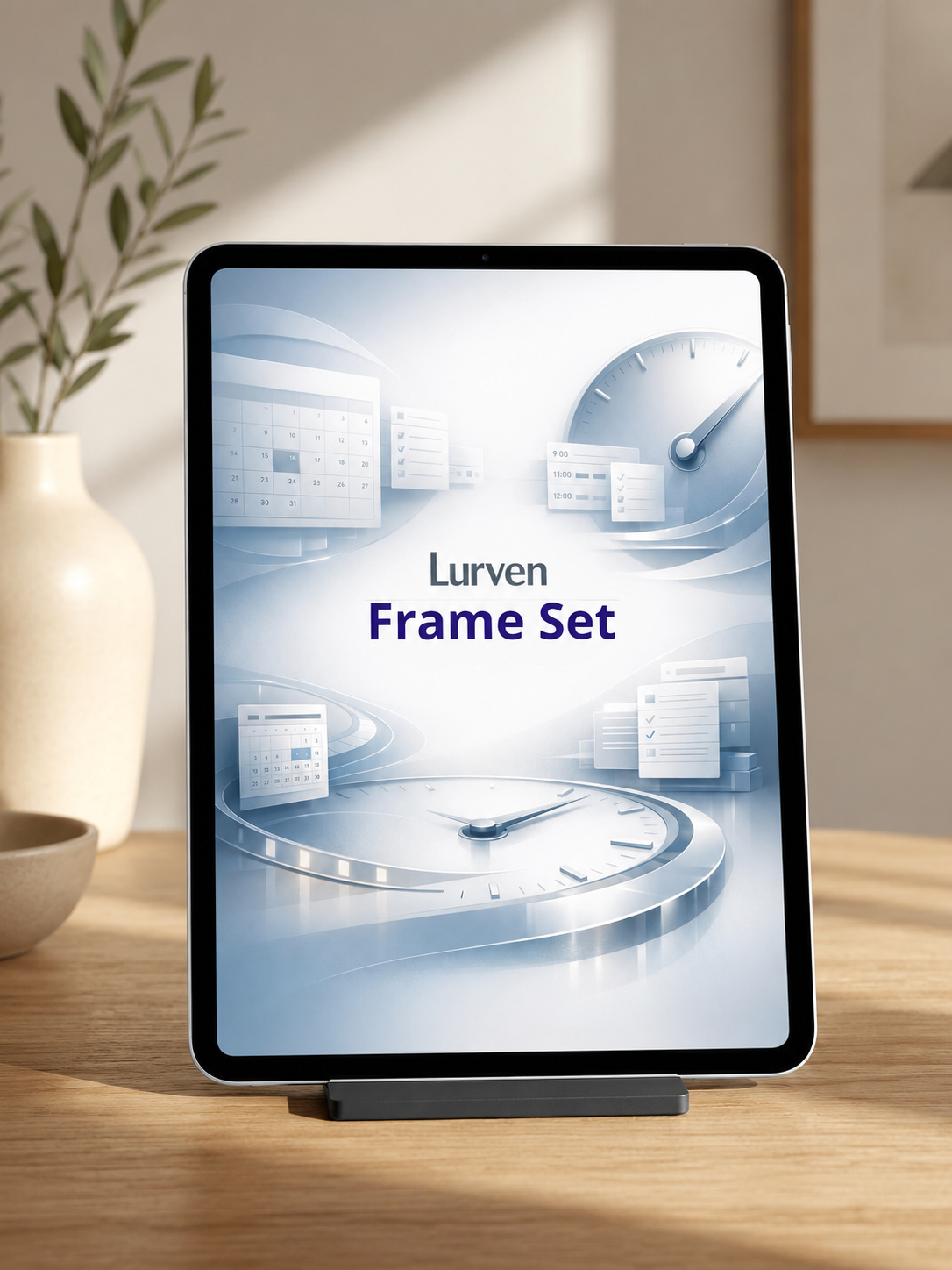 A tablet on a wooden table displaying a digital frame set preview titled 'Lurven Frame Set' with blue and white clock graphics. The scene is styled in a warm, modern room with a vase and framed art in the background.