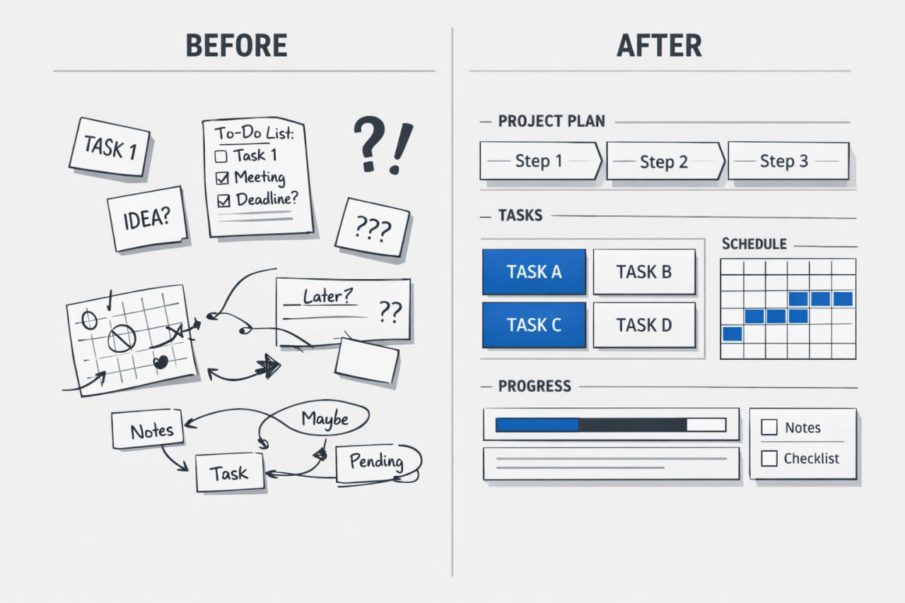 A before-and-after productivity comparison graphic. The left side, labeled BEFORE, shows loose sketch-style notes, a to-do list, question marks, and a task map.