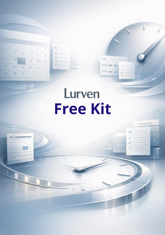 Promotional graphic for 'Lurven Free Kit' featuring a light blue and white abstract background with floating digital interface elements, including a calendar, speedometer, cards, and circular progress elements. The text 'Lurven Free Kit' is centered in dark blue and gray.