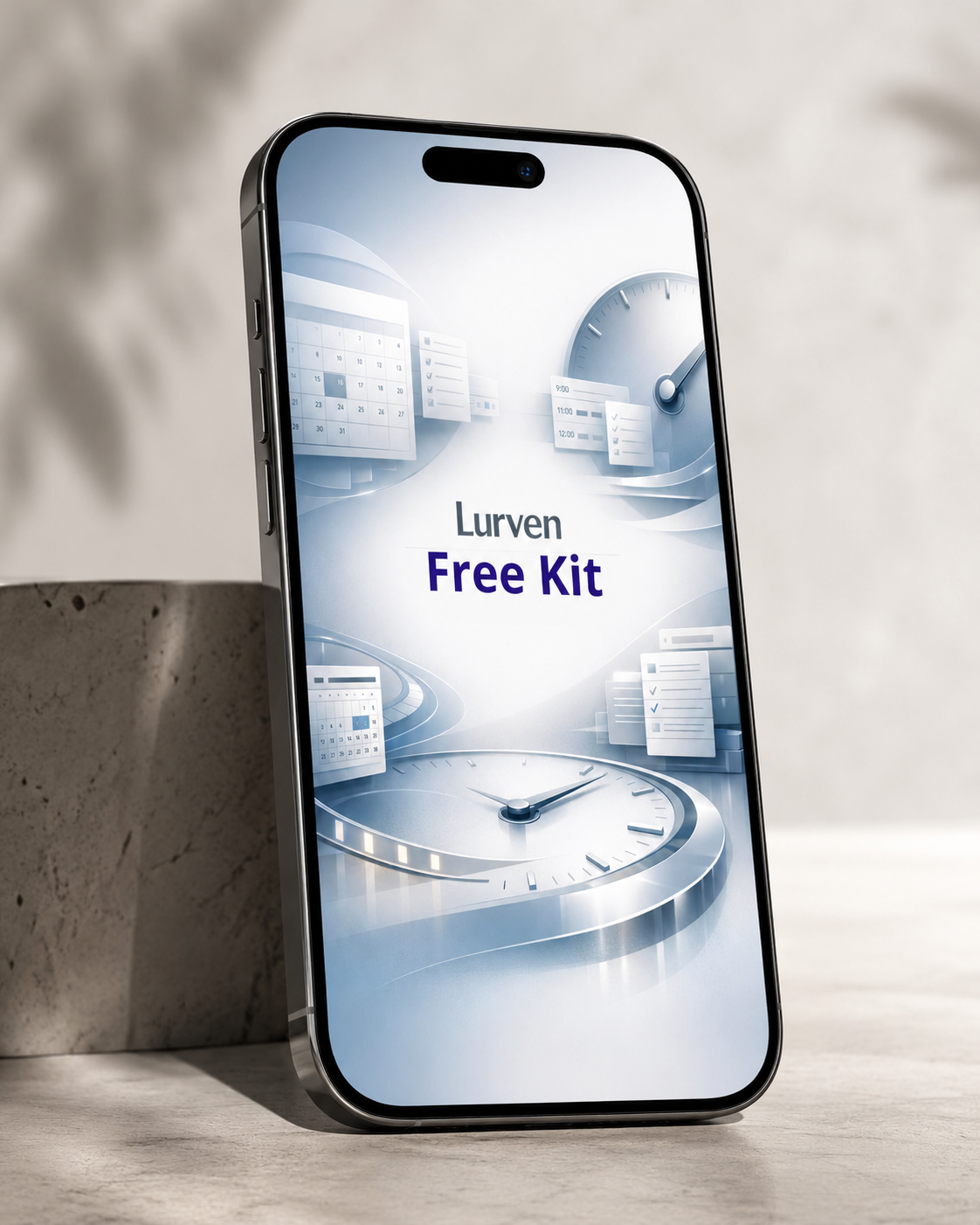 A smartphone shown upright on a tabletop, displaying a promotional graphic that reads 'Lurven Free Kit' over a blue and white abstract digital design. The phone is photographed in a clean interior setting with soft shadows and a concrete block prop.