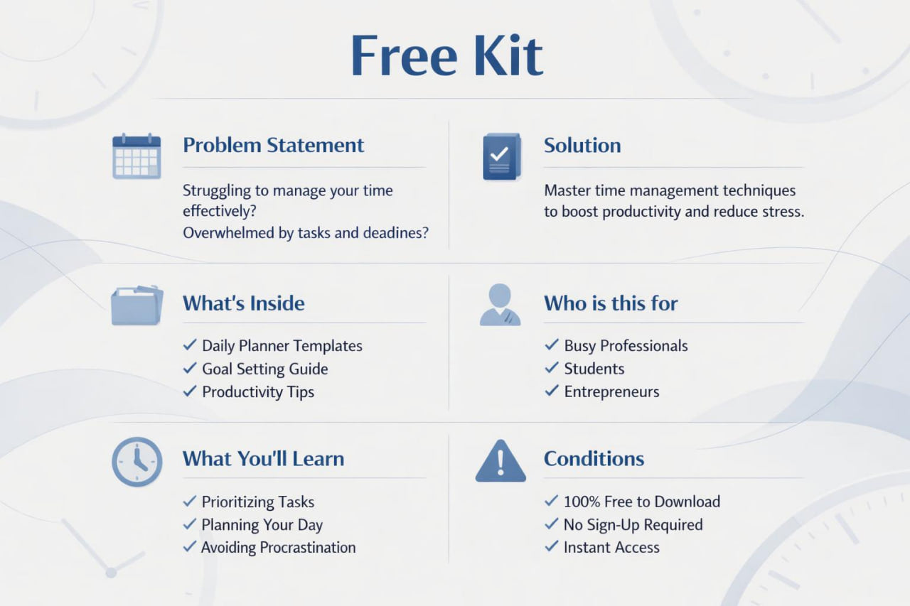 A digital infographic preview of a 'Free Kit' time management guide, featuring a clean blue and white layout with six informational panels detailing the problem statement, solution, what's inside, who it is for, what you'll learn, and conditions.