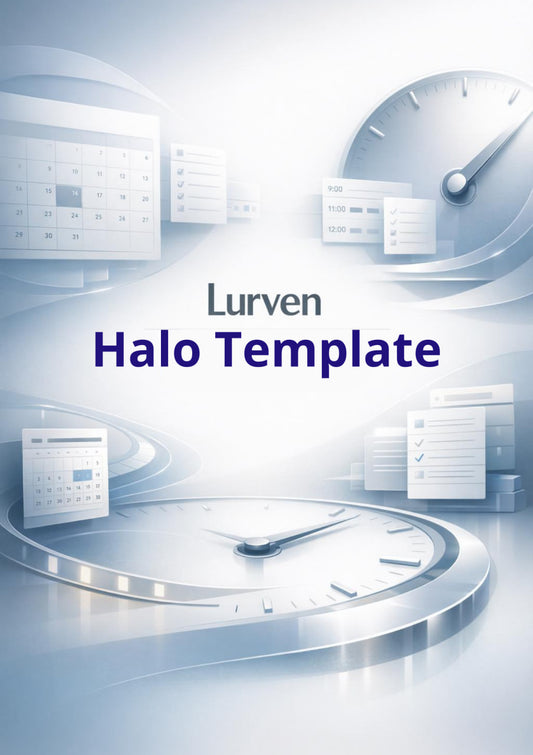 Digital graphic template preview for 'Lurven Halo Template' featuring abstract 3D clock and dashboard elements in a cool blue and white color scheme.