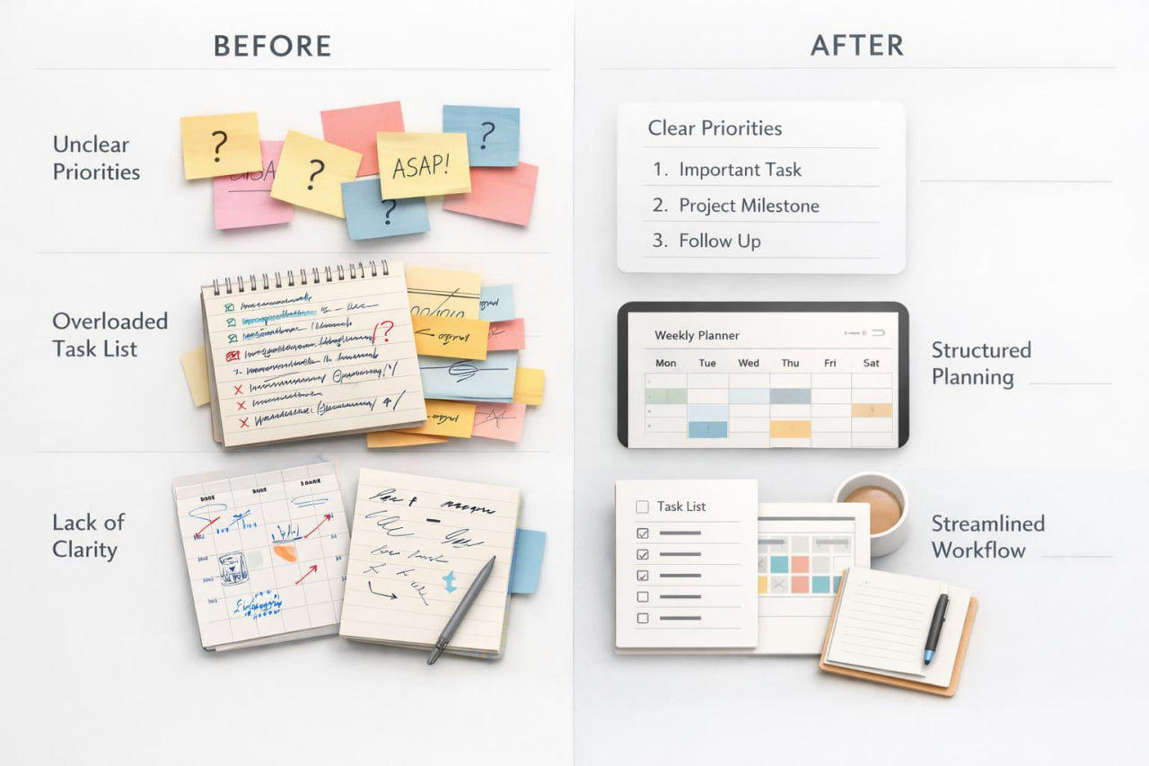 A before-and-after comparison graphic showing productivity tools: sticky notes, notebooks, a tablet, and notepad on a light gray background. The left side is labeled BEFORE with messy notes, unclear priorities, and overwhelmed task lists.