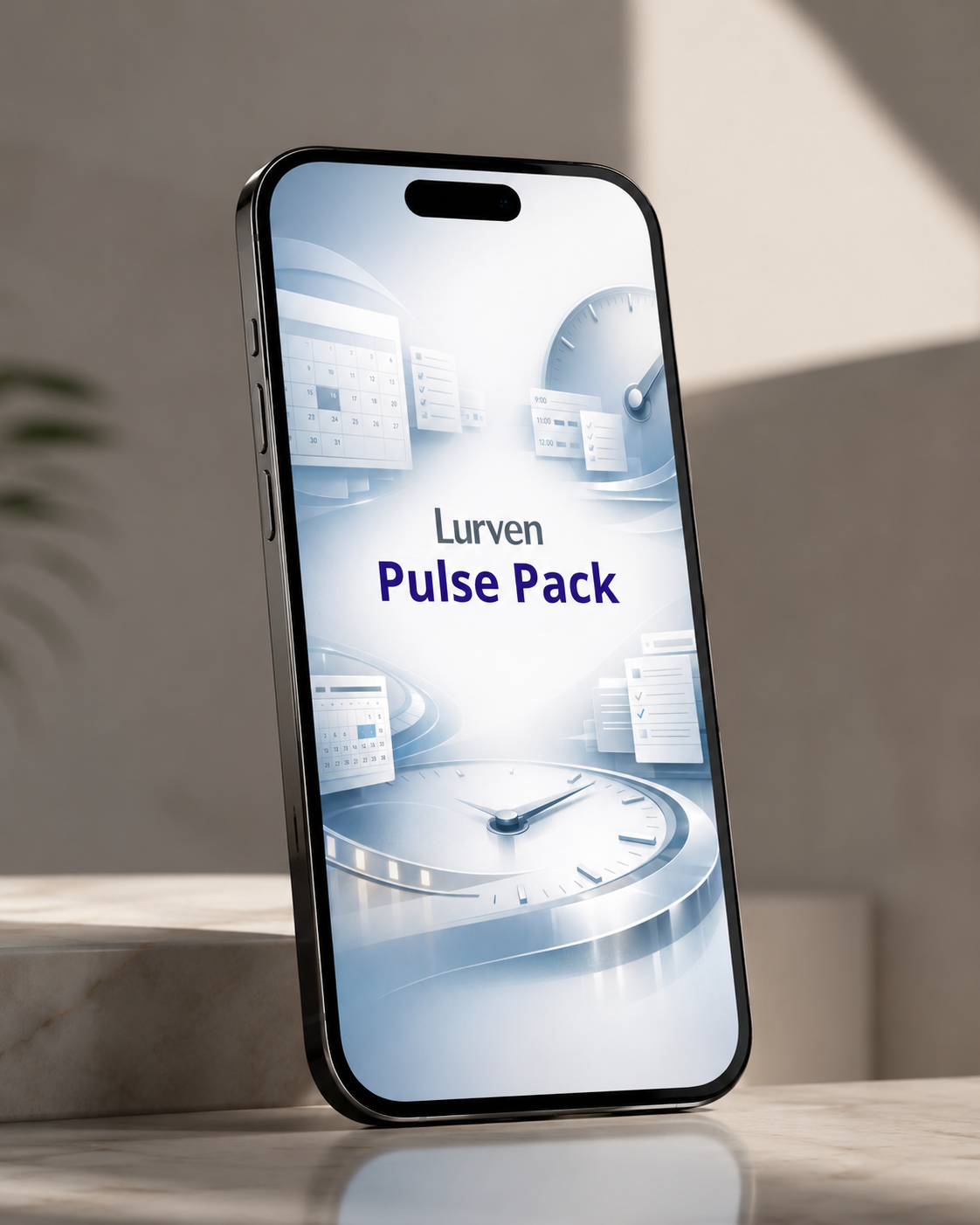 A smartphone shown upright on a marble-like surface in a softly lit interior. The screen displays the text 'Lurven Pulse Pack' over a blue-toned digital interface with clock and document graphics.