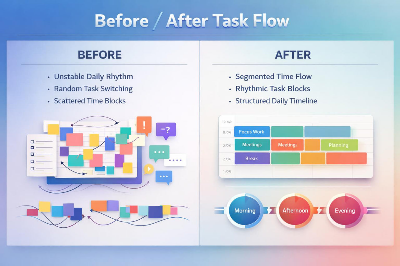 A digital infographic titled 'Before / After Task Flow' comparing a disorganized daily routine on the left with a structured one on the right, using colorful blocks, charts, and circular time markers on a soft blue-to-pink gradient background.
