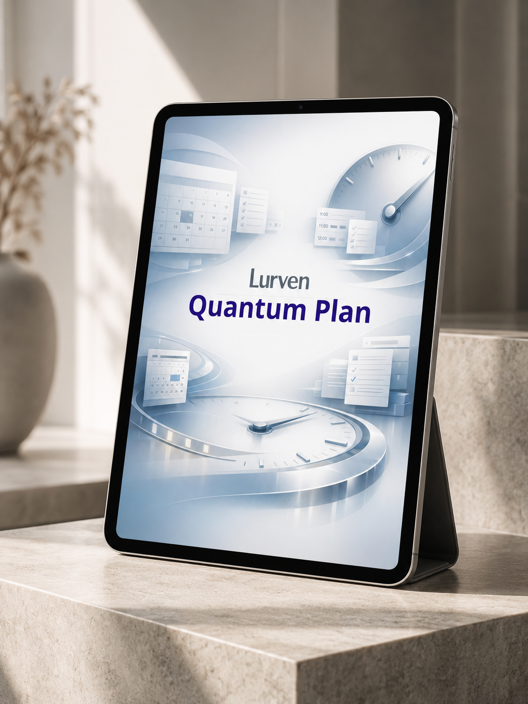 A tablet device propped open on a stone surface, displaying a blue and white digital cover titled 'Lurven Quantum Plan.' The scene is a clean interior with soft natural light, a vase in the background, and the tablet acting as the main product presentation.
