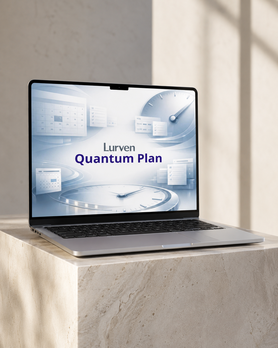 A silver laptop sits open on a light stone pedestal in a minimalist interior. The screen displays the text 'Lurven Quantum Plan' over a blue and white dashboard-style graphic.