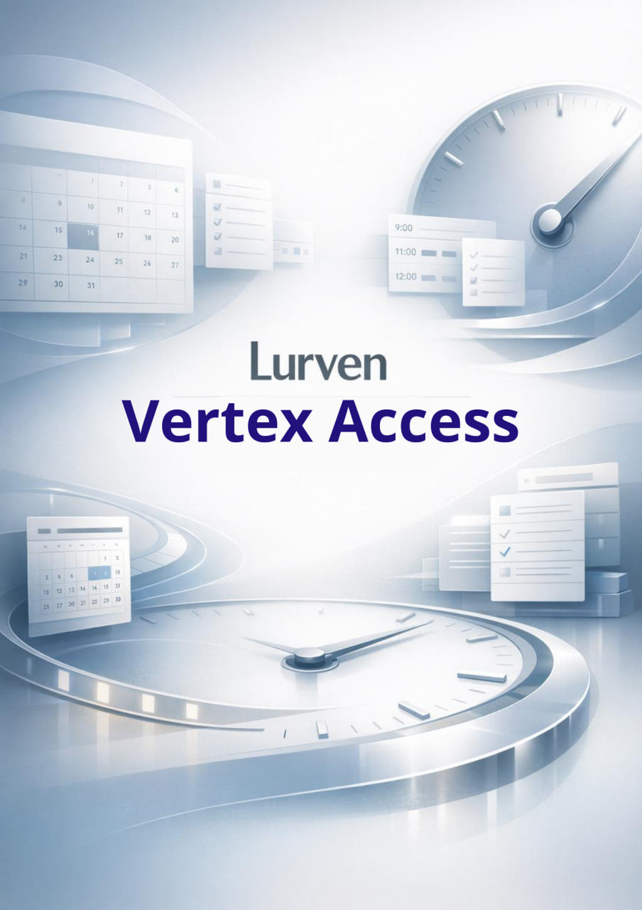 Digital graphic for 'Lurven Vertex Access' featuring a futuristic, abstract blue and white design with clock faces, document icons, and a central title.