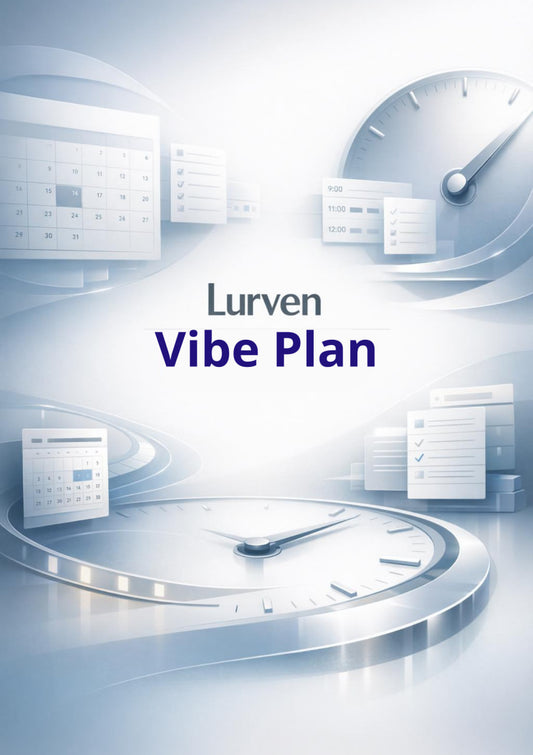 A digital graphic for 'Lurven Frame Set' featuring a clean, futuristic blue and white design with abstract clock and document illustrations.