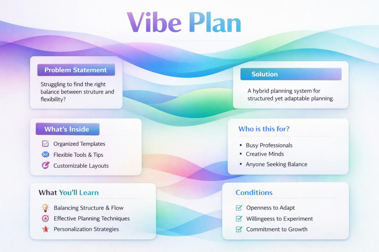 A digital presentation slide titled 'Vibe Plan' with a colorful abstract wave background in blue, purple, pink, and green. The slide contains six white rounded rectangular boxes with headings such as Problem Statement, Solution, What's Inside, Who is this for, What You'll Learn, and Conditions, filled with text about planning templates and professional development.