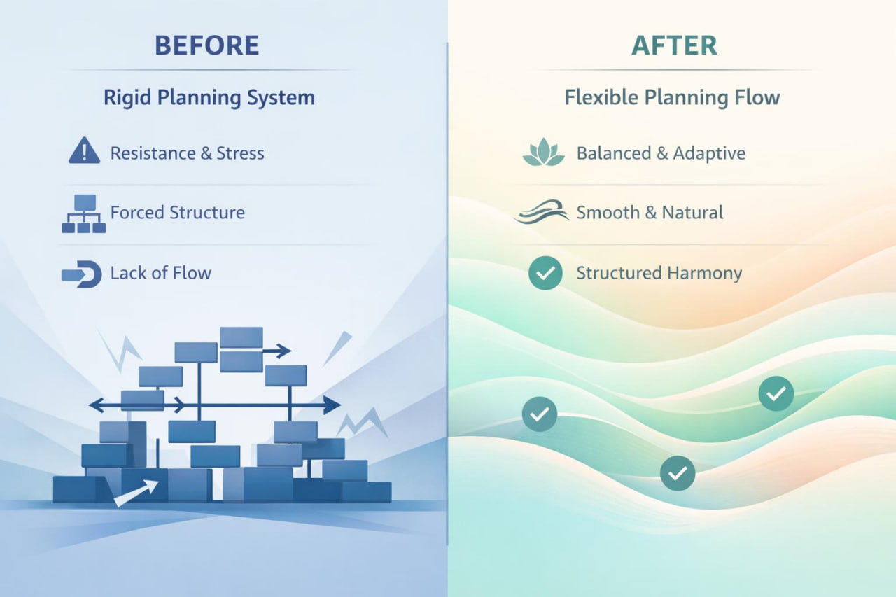 A split before-and-after graphic comparing a rigid planning system with a flexible planning flow. The left side, labeled BEFORE, shows a blue layered flowchart with icons for resistance, structure, and lack of flow.
