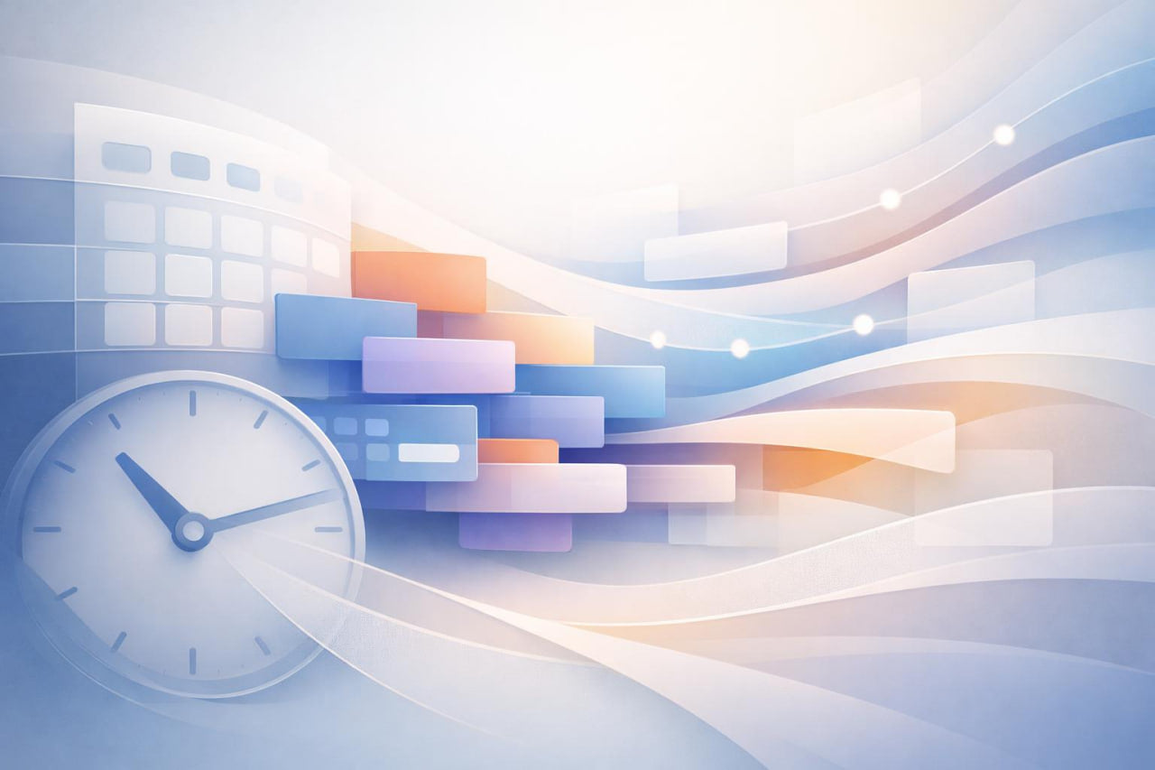 Abstract digital illustration featuring layered white document or card shapes with pastel blue and peach blocks, a white clock face, and flowing wave lines on a pale blue background.