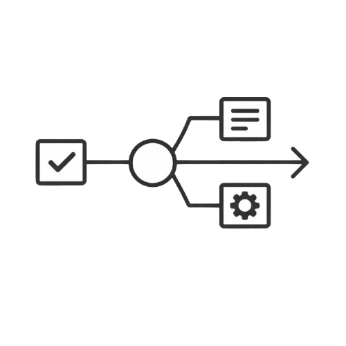 A minimalist black line icon depicting a workflow or decision process, featuring a checkmark box, a central circle, branching arrows, and two terminal boxes with a document and a gear.